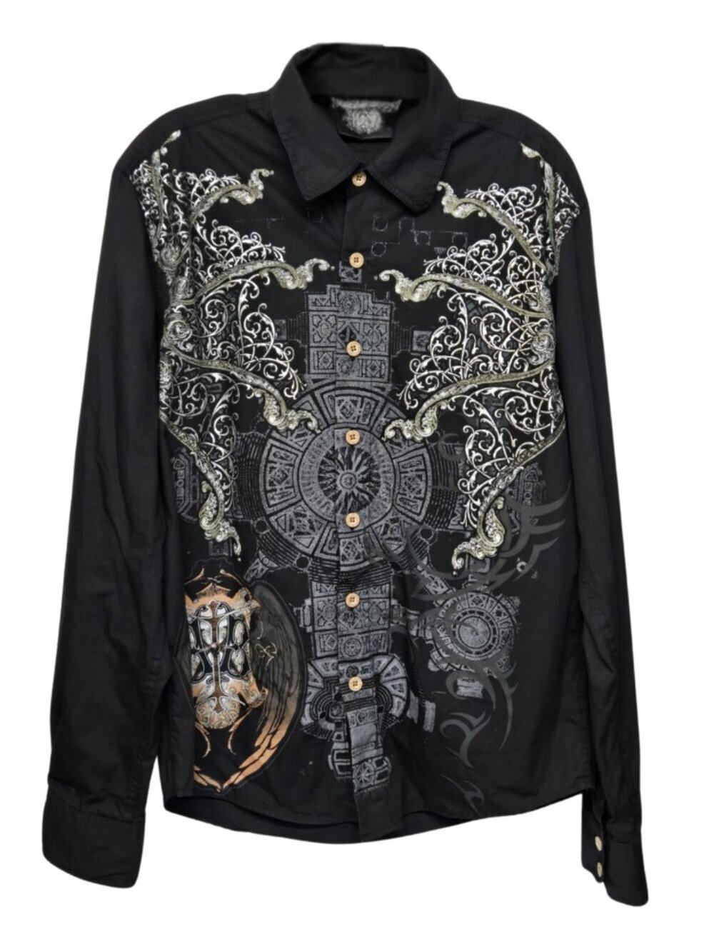Vintage Y2K Brad Butter Button Down Shirt L Graphic Print Spellout Goth Grunge